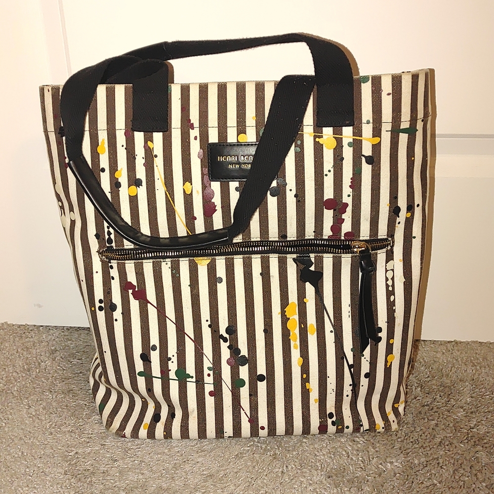 Henri bendel Brown and Cream Striped Paint-Splash Canvas Tote